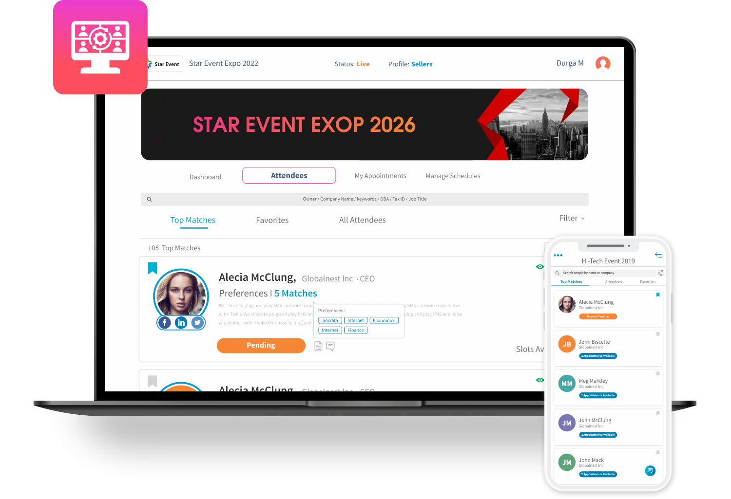 Preferential matching algorithm interface displaying matched attendee and exhibitor connections